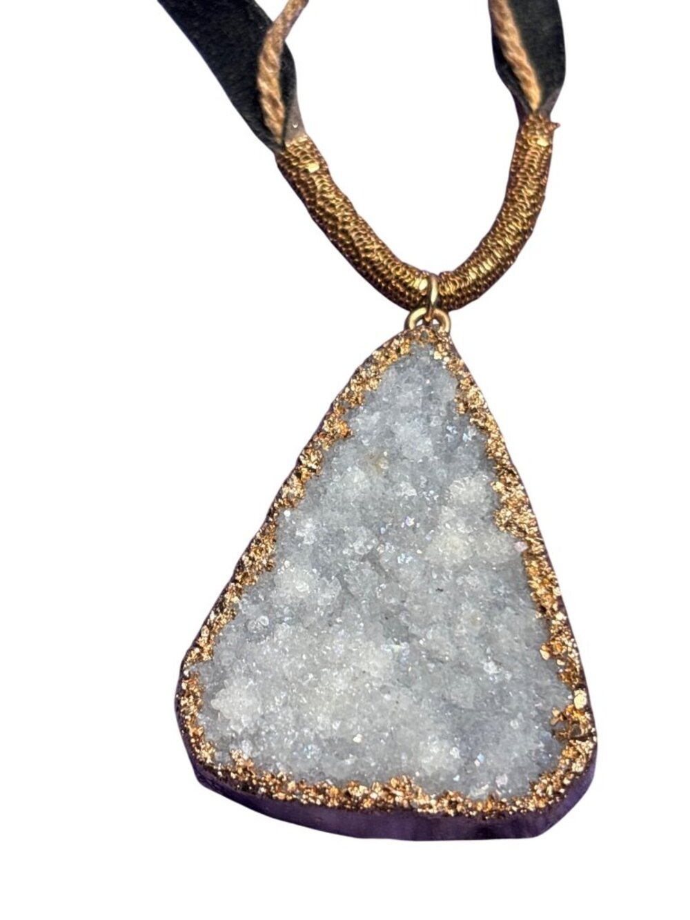 Anthropologie Serefina Clear Quartz Druzy Pendant Necklace Fabric Jute Cord Knot - Picture 2 of 4